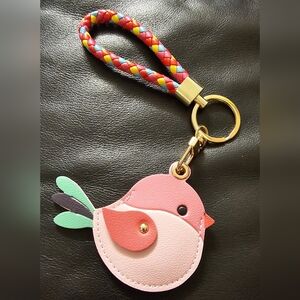Colorful Pink Bird Vegan Leather Air Tag Holder Keychain with Braided Strap NWOT